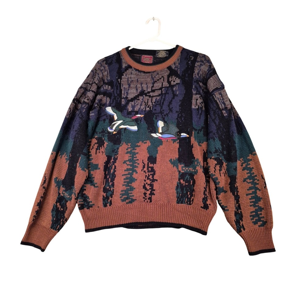 Duxbak Mens Mallard Duck Embroidery Scenic Jacquard Knit Sweater Brown XL VTG